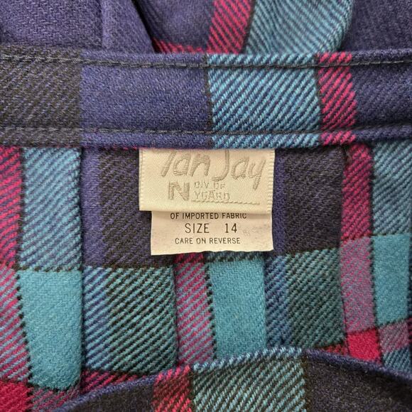 VTG Tan Jay Wool Blend Pleated Plaid Skirt Sz 14* Blue Teal Pink Preppy Academia - Picture 7 of 12
